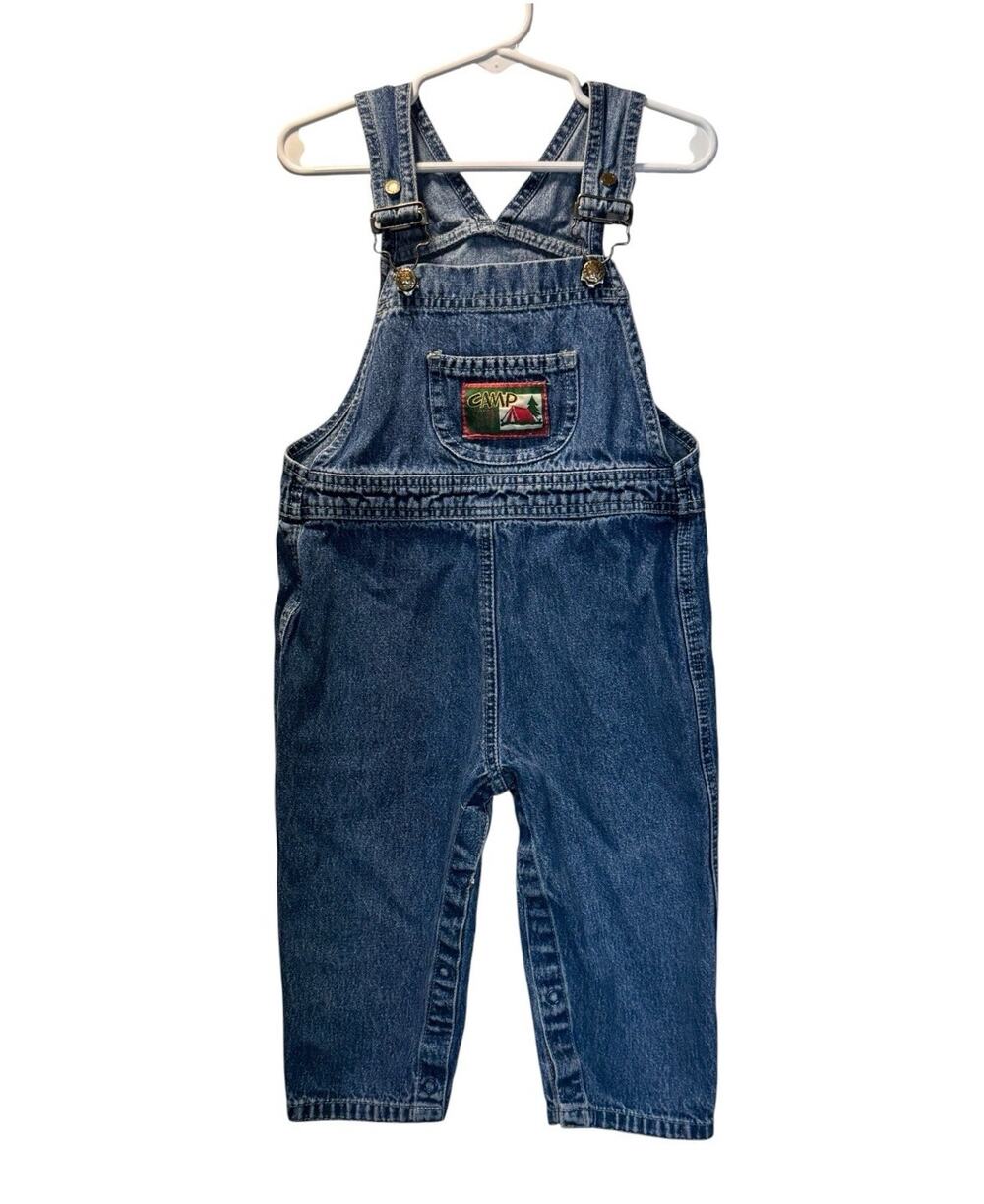Vintage 90s McKids Denim Bib Overalls Camp Site Patch Baby Toddler Size 24M